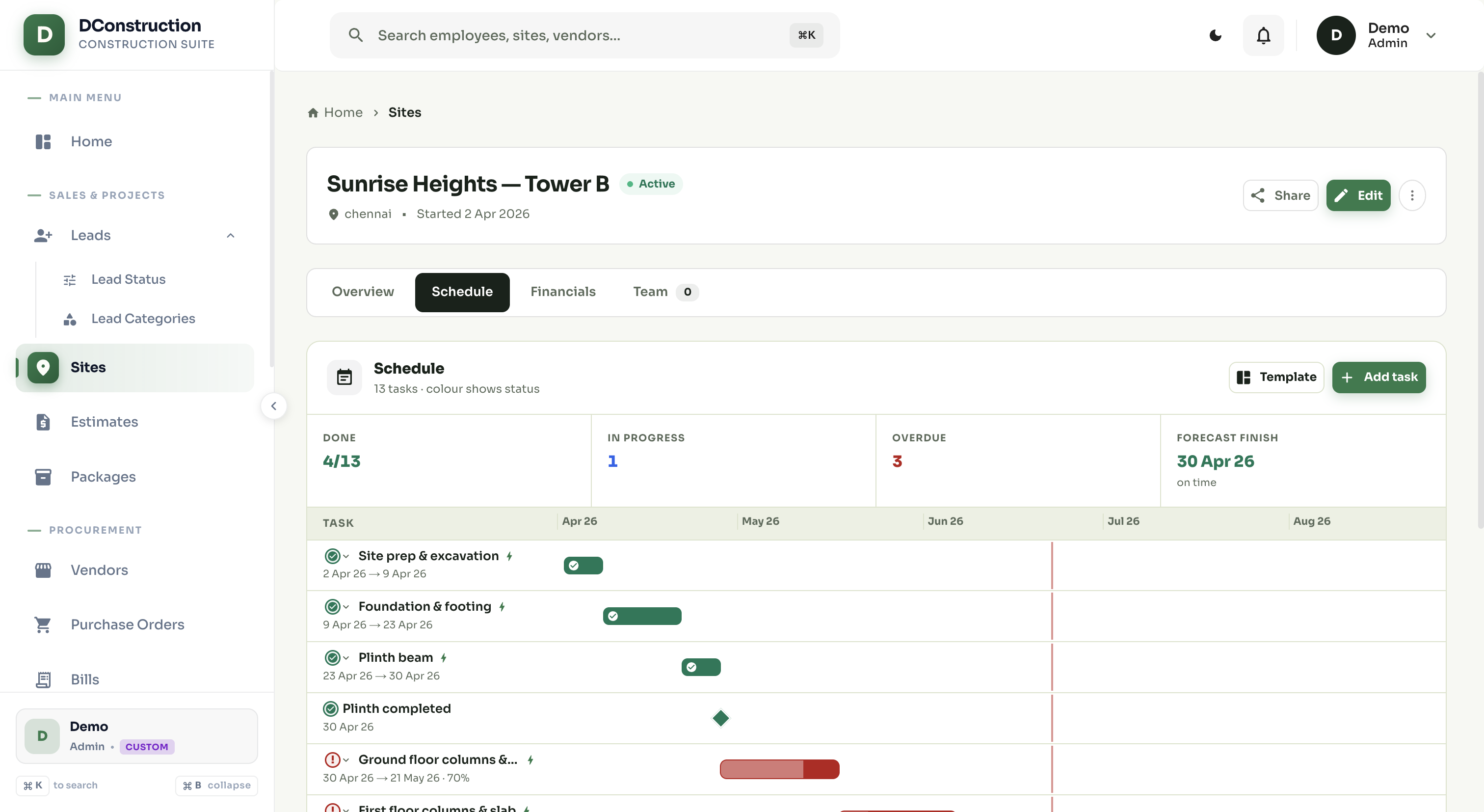 BuilderSiteNow — site schedule with critical path