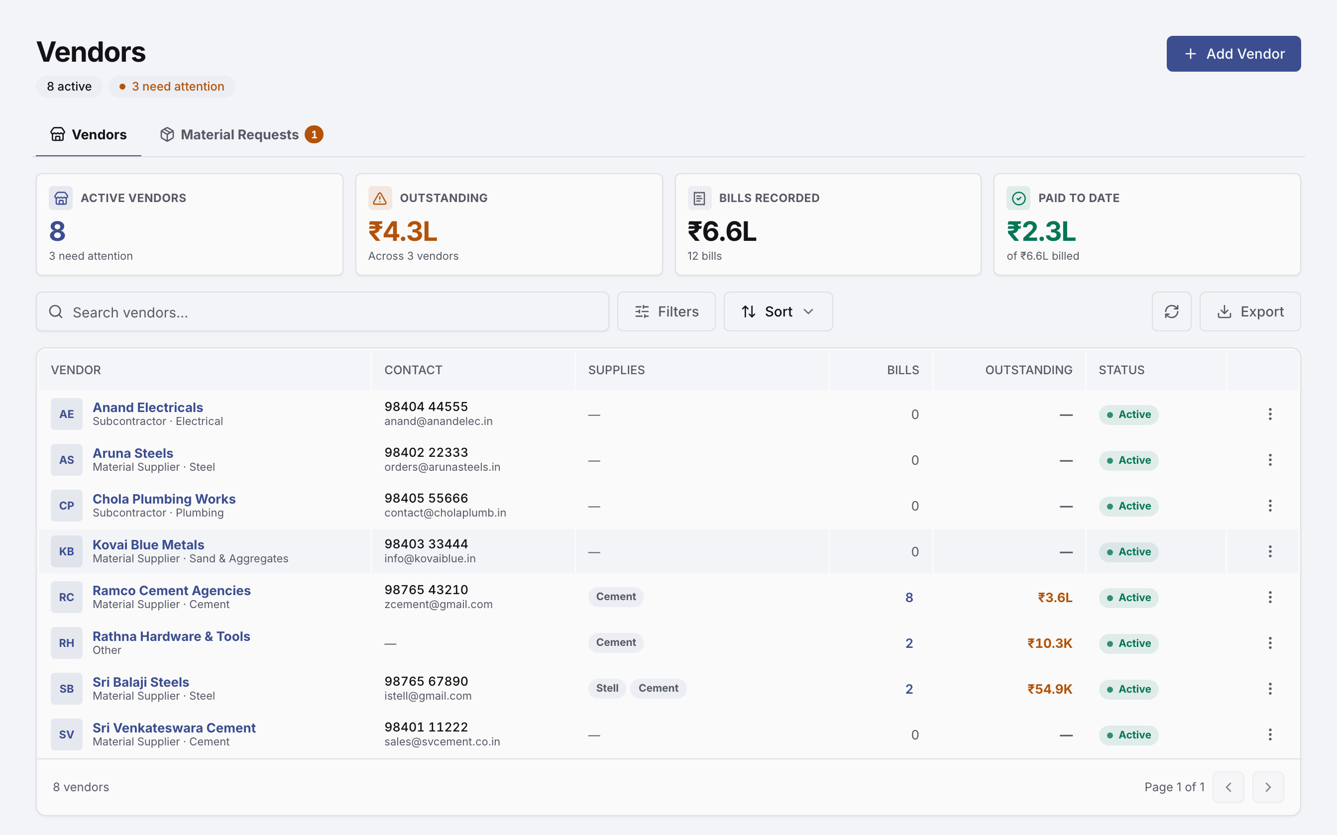 The Vendors screen: outstanding by supplier, bills recorded and paid to date